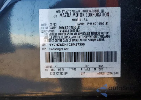 2012 Mazda 6 I from USA, damaged, VIN 1YVHZ8DH1C5M27356